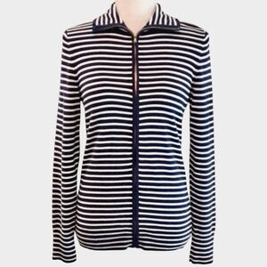 Talbots Lightweight Full Zip Navy White Striped Sweater Jacket Women's Size M